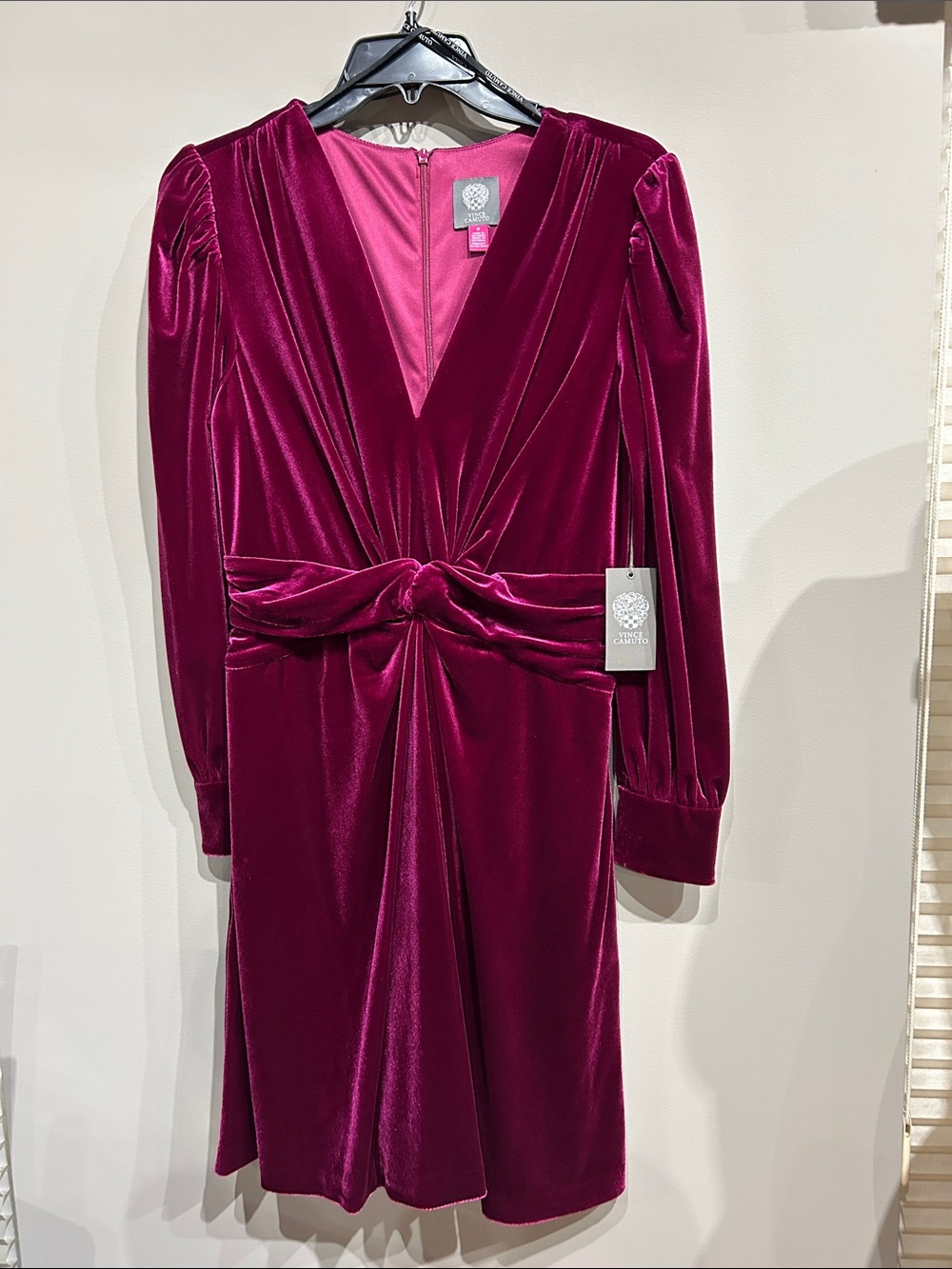 Vince Camuto Velvet Twist-Waist Long-Sleeve Dress in Berry Plum
